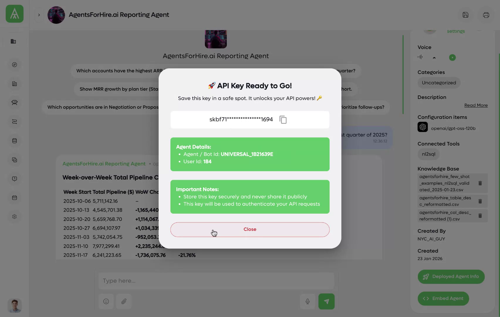 API key and connection details
